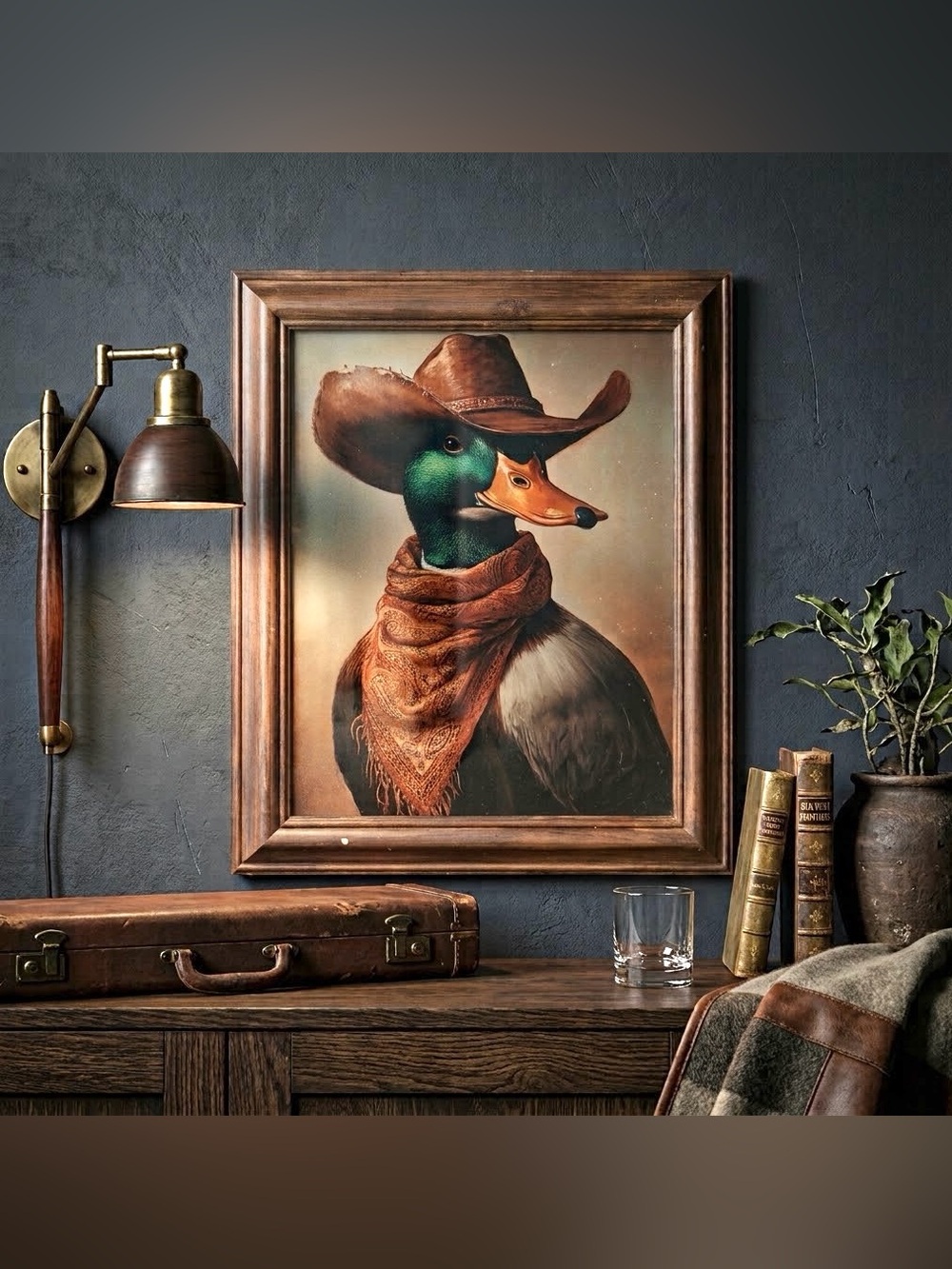Framed Cowboy Mallard Duck Portrait Art Print 14x17” Rustic Western Wall Decor